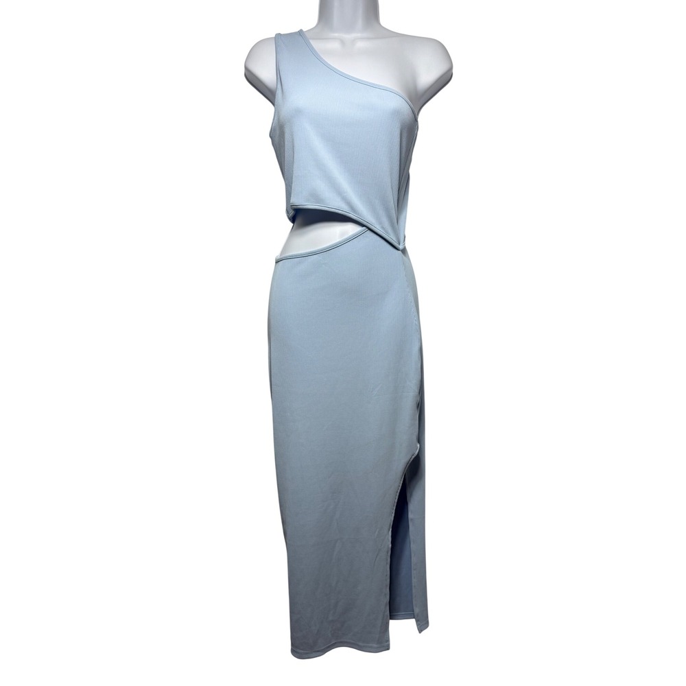 One Shoulder Cut Out Maxi Dress Small Light Blue Ribbed Knit Slit